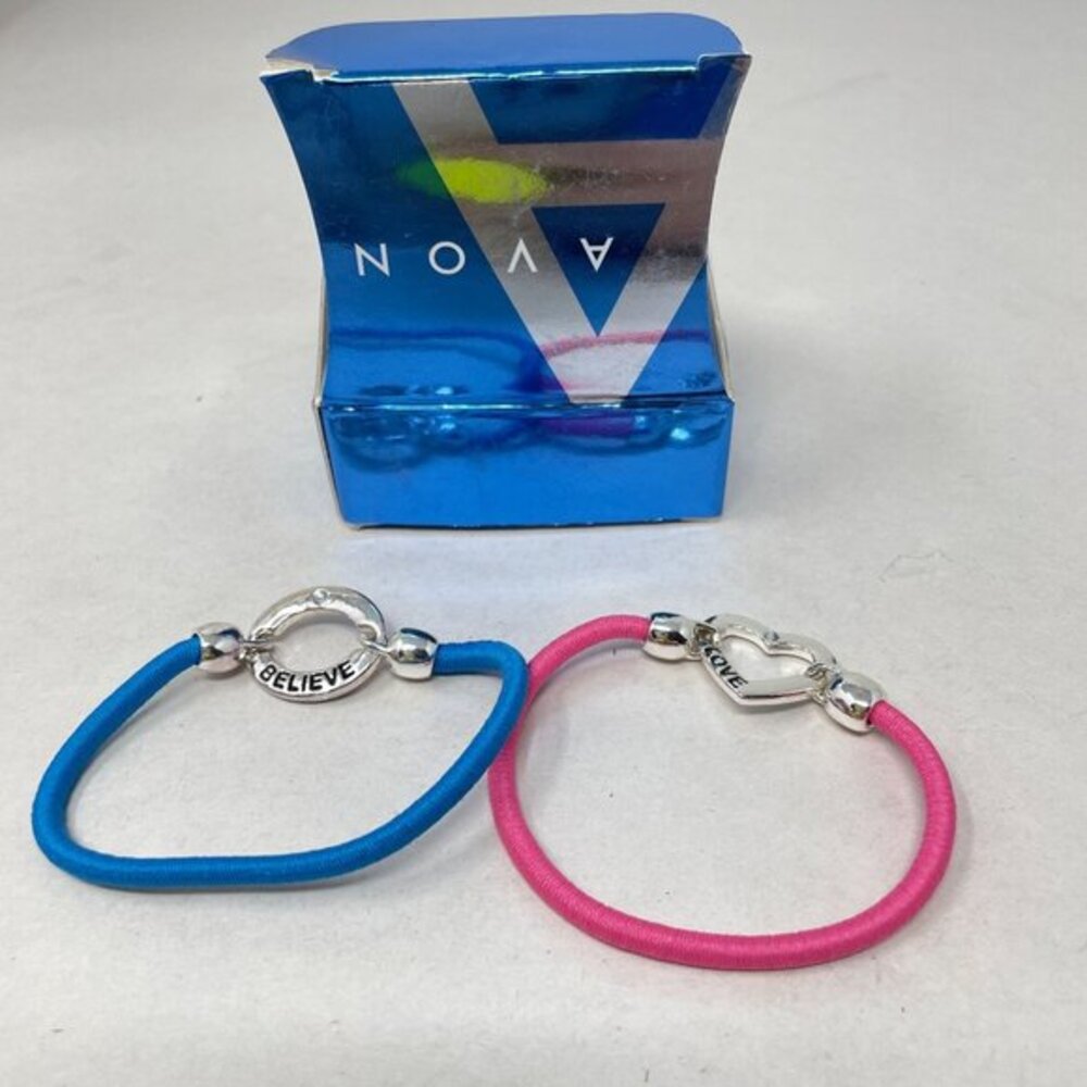 Avon Symbolic‎ Bracelets Set of 2 Pink Love Believe Blue Stretch Silver-Tone